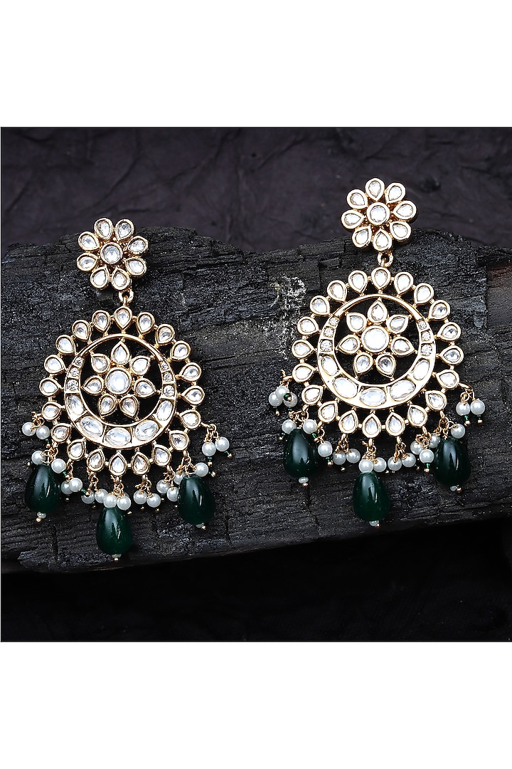 Gold Finish Kundan Polki & Green Beaded Chandbali Earrings by Akulya Jewels at Pernia's Pop Up Shop