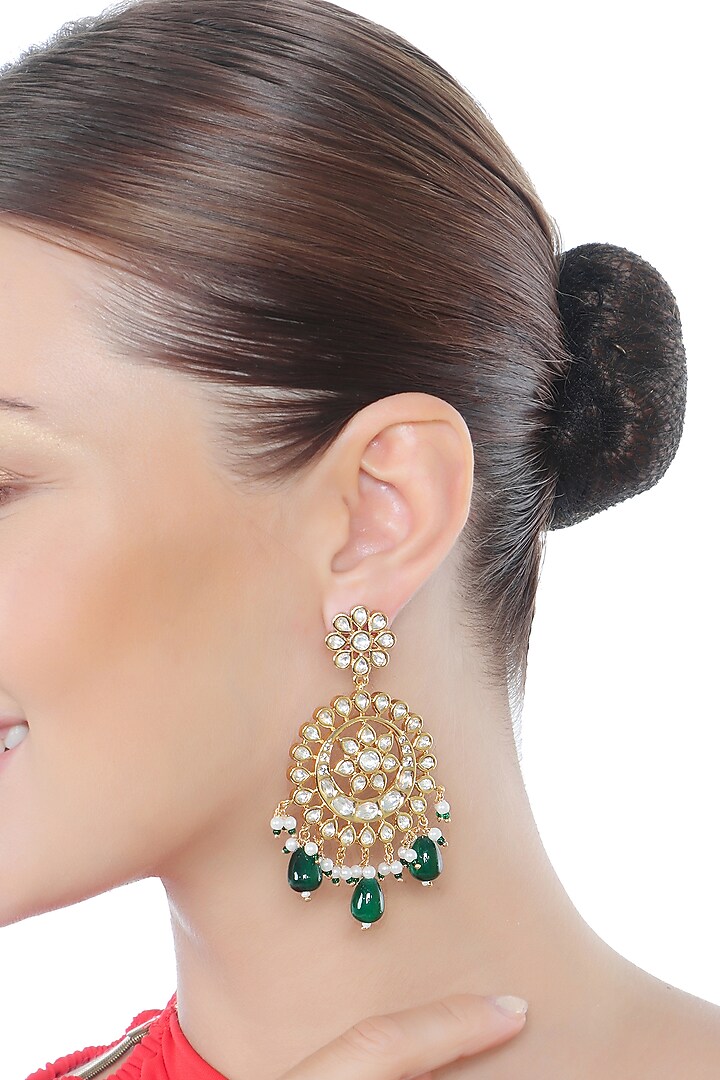 Gold Finish Kundan Polki & Green Beaded Chandbali Earrings by Akulya Jewels at Pernia's Pop Up Shop
