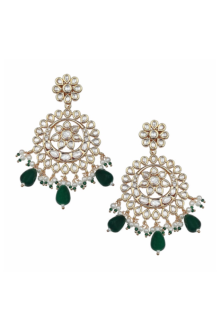 Gold Finish Kundan Polki & Green Beaded Chandbali Earrings by Akulya Jewels at Pernia's Pop Up Shop