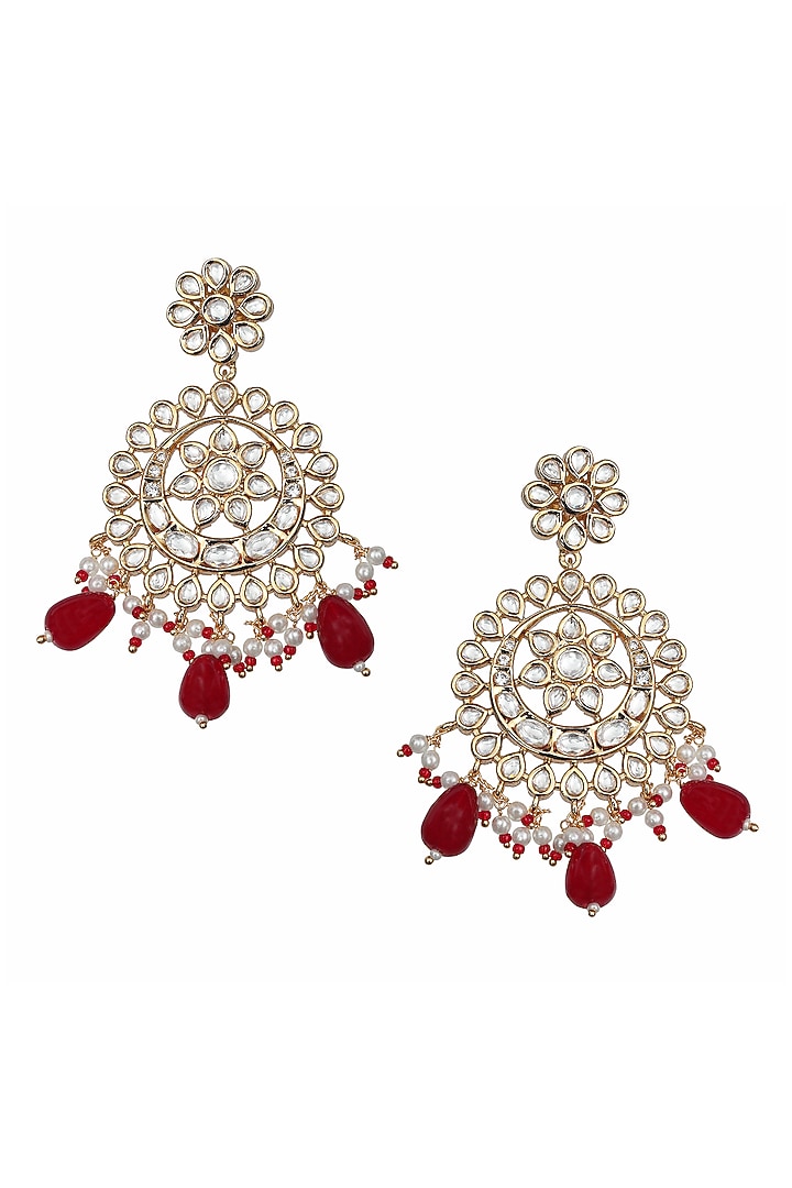 Gold Finish Kundan Polki & Red Beaded Chandbali Earrings by Akulya Jewels at Pernia's Pop Up Shop