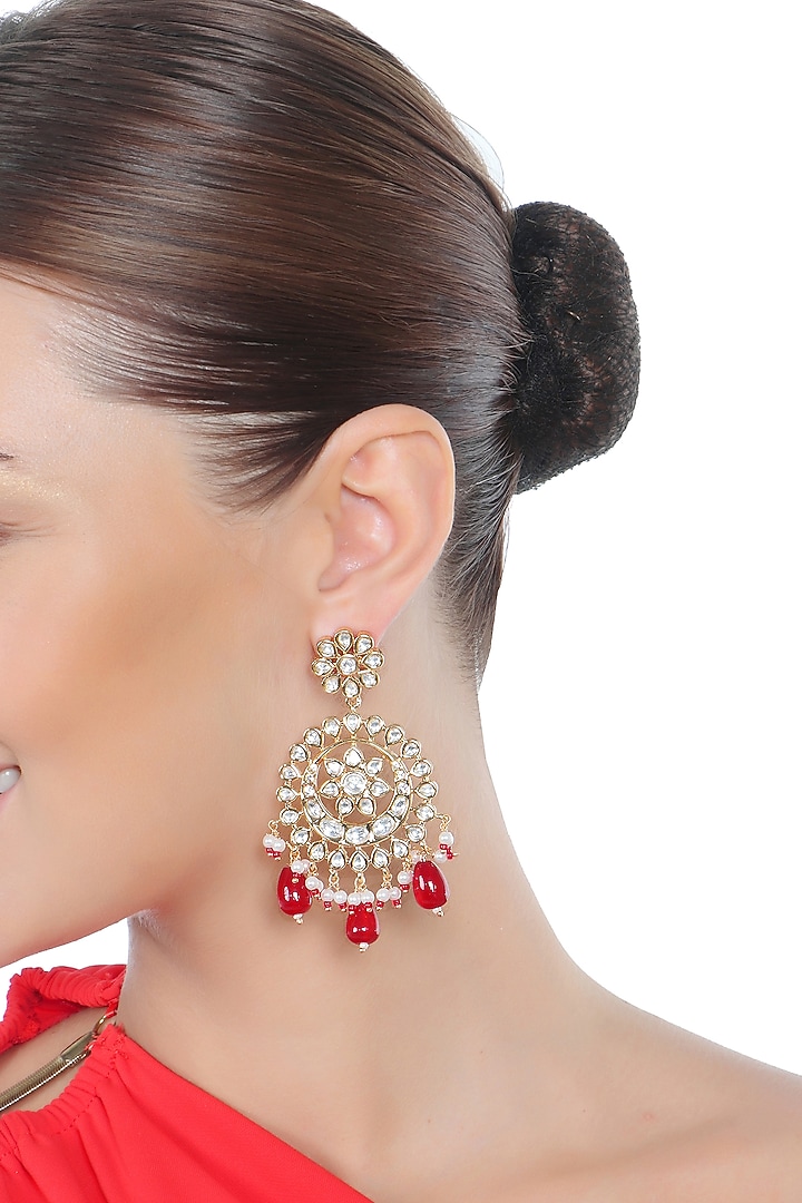 Gold Finish Kundan Polki & Red Beaded Chandbali Earrings by Akulya Jewels at Pernia's Pop Up Shop