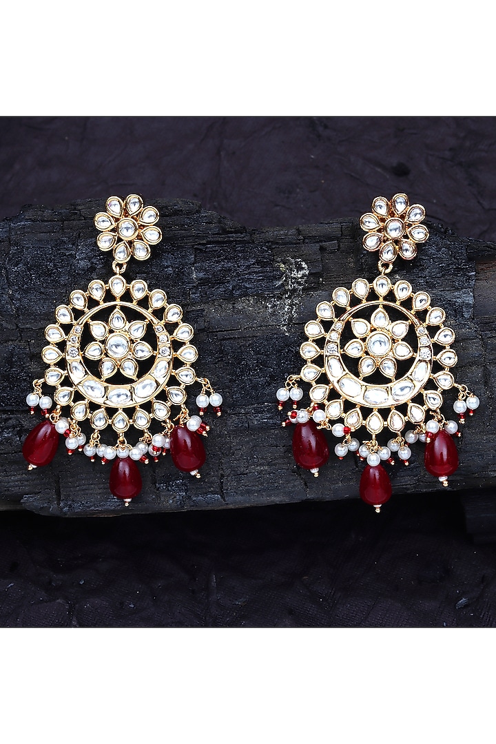 Gold Finish Kundan Polki & Red Beaded Chandbali Earrings by Akulya Jewels at Pernia's Pop Up Shop