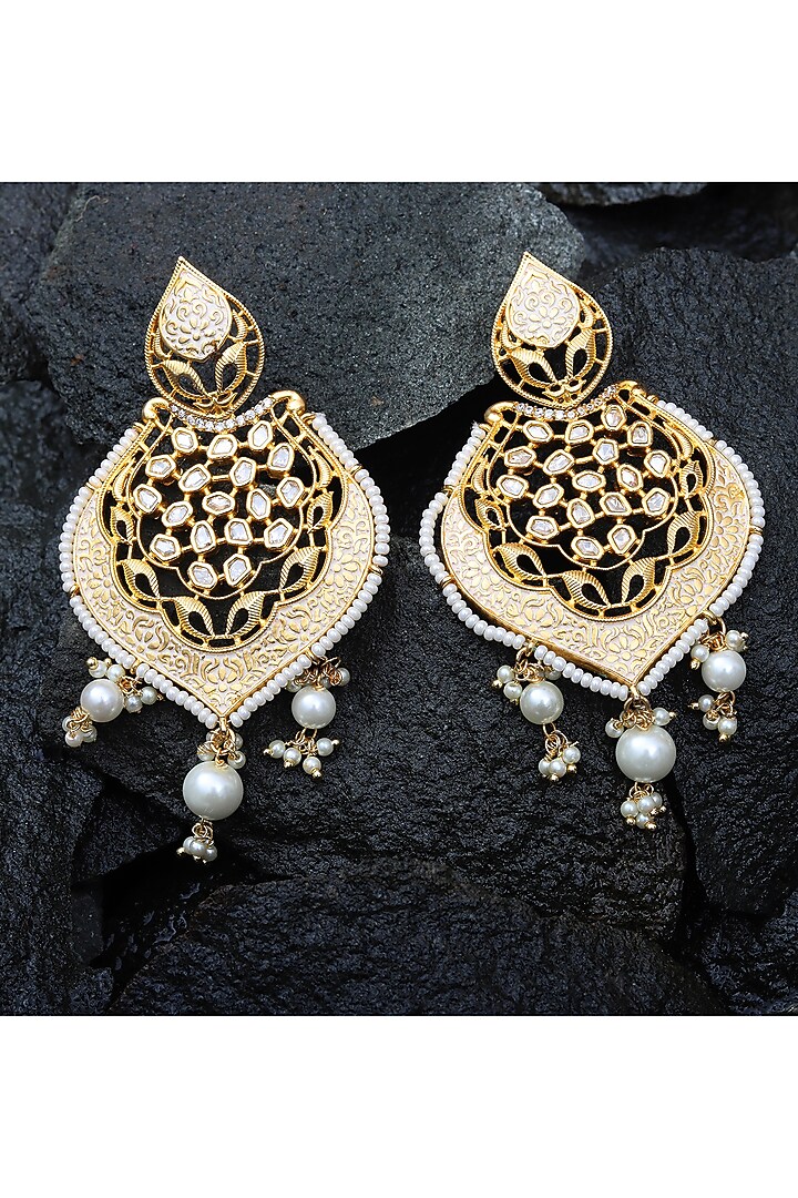 Gold Finish Kundan Polki & White Beaded Meenakari Dangler Earrings by Akulya Jewels at Pernia's Pop Up Shop