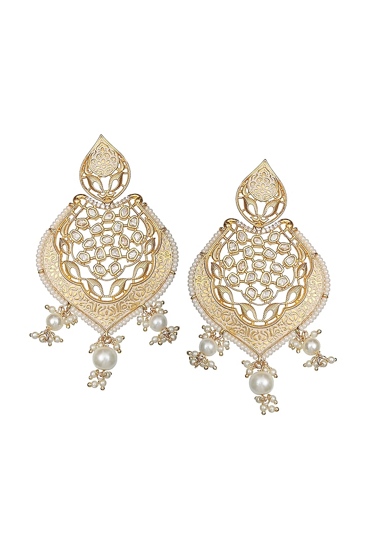 Gold Finish Kundan Polki & White Beaded Meenakari Dangler Earrings by Akulya Jewels at Pernia's Pop Up Shop