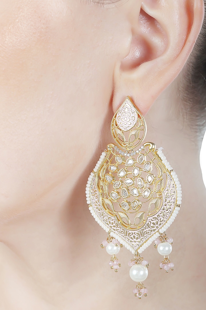 Gold Finish Kundan Polki & White Beaded Meenakari Dangler Earrings by Akulya Jewels at Pernia's Pop Up Shop