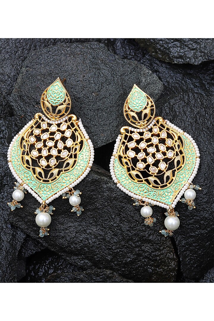 Gold Finish Kundan Polki & White Beaded Meenakari Dangler Earrings by Akulya Jewels at Pernia's Pop Up Shop
