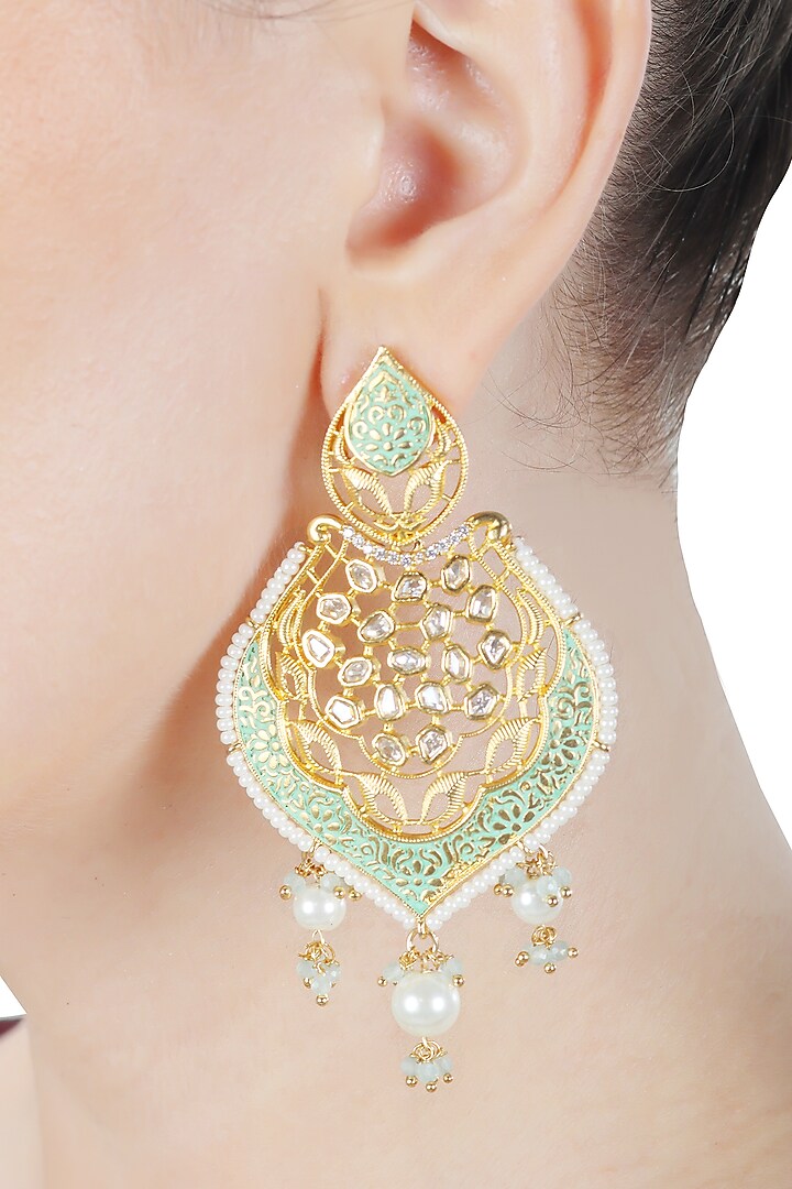 Gold Finish Kundan Polki & White Beaded Meenakari Dangler Earrings by Akulya Jewels at Pernia's Pop Up Shop