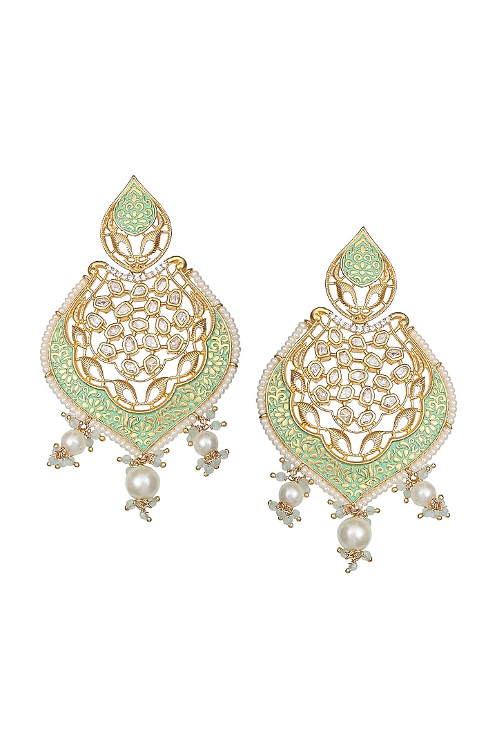 Gold Finish Kundan Polki & White Beaded Meenakari Dangler Earrings by Akulya Jewels at Pernia's Pop Up Shop