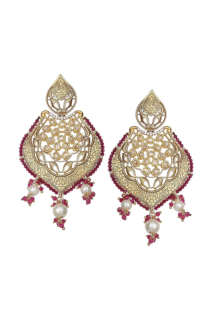 Gold Finish Red Kundan Polki & Beaded Meenakari Dangler Earrings by Akulya Jewels at Pernia's Pop Up Shop