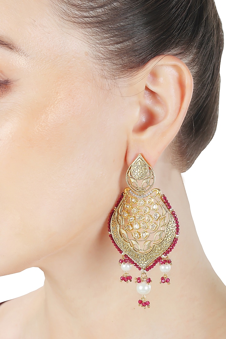 Gold Finish Red Kundan Polki & Beaded Meenakari Dangler Earrings by Akulya Jewels at Pernia's Pop Up Shop