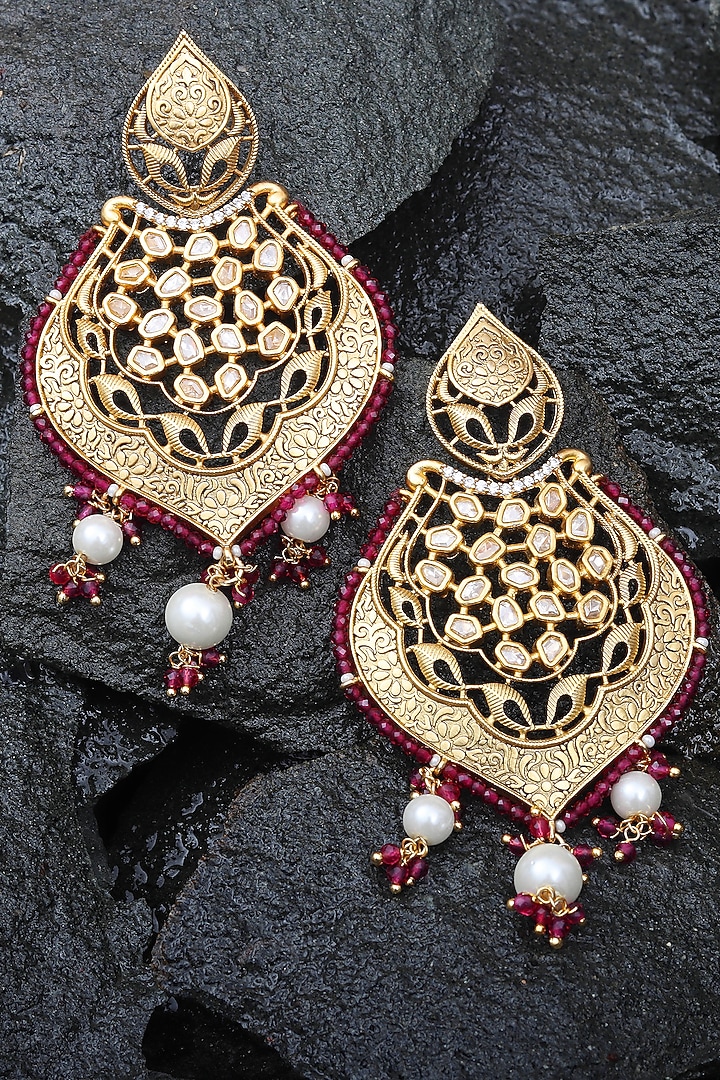 Gold Finish Red Kundan Polki & Beaded Meenakari Dangler Earrings by Akulya Jewels at Pernia's Pop Up Shop