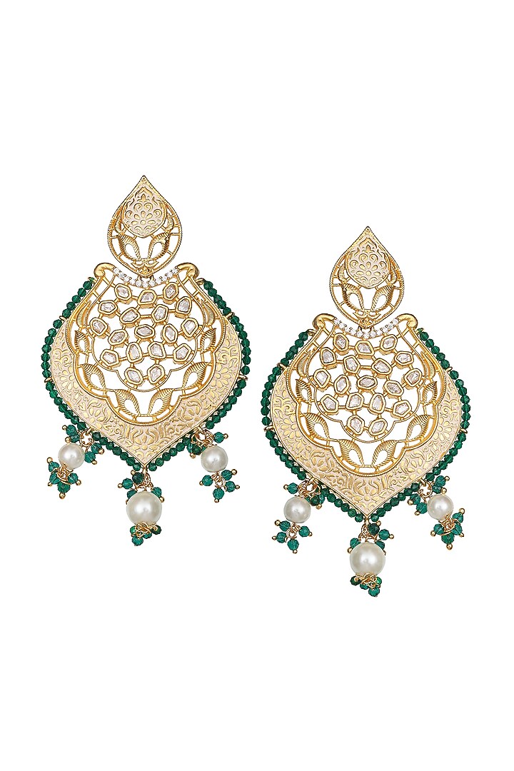 Gold Finish Green Kundan Polki & Beaded Meenakari Dangler Earrings by Akulya Jewels at Pernia's Pop Up Shop