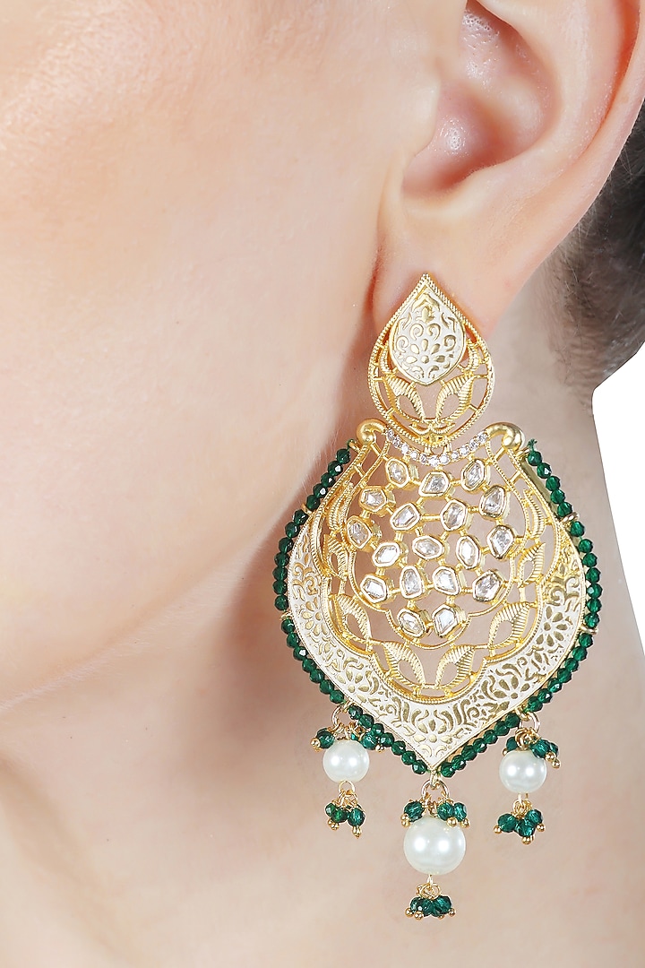 Gold Finish Green Kundan Polki & Beaded Meenakari Dangler Earrings by Akulya Jewels at Pernia's Pop Up Shop