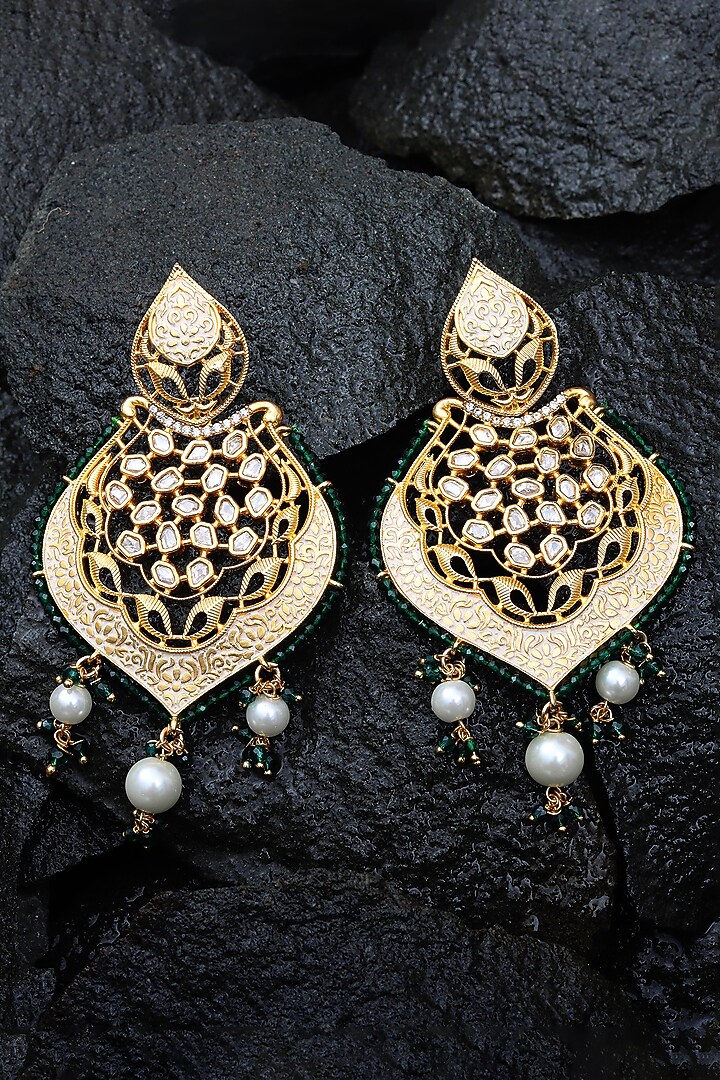 Gold Finish Green Kundan Polki & Beaded Meenakari Dangler Earrings by Akulya Jewels at Pernia's Pop Up Shop