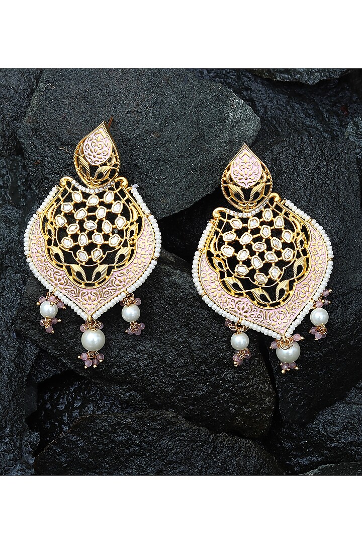 Gold Finish White Kundan Polki & Beaded Meenakari Dangler Earrings by Akulya Jewels at Pernia's Pop Up Shop