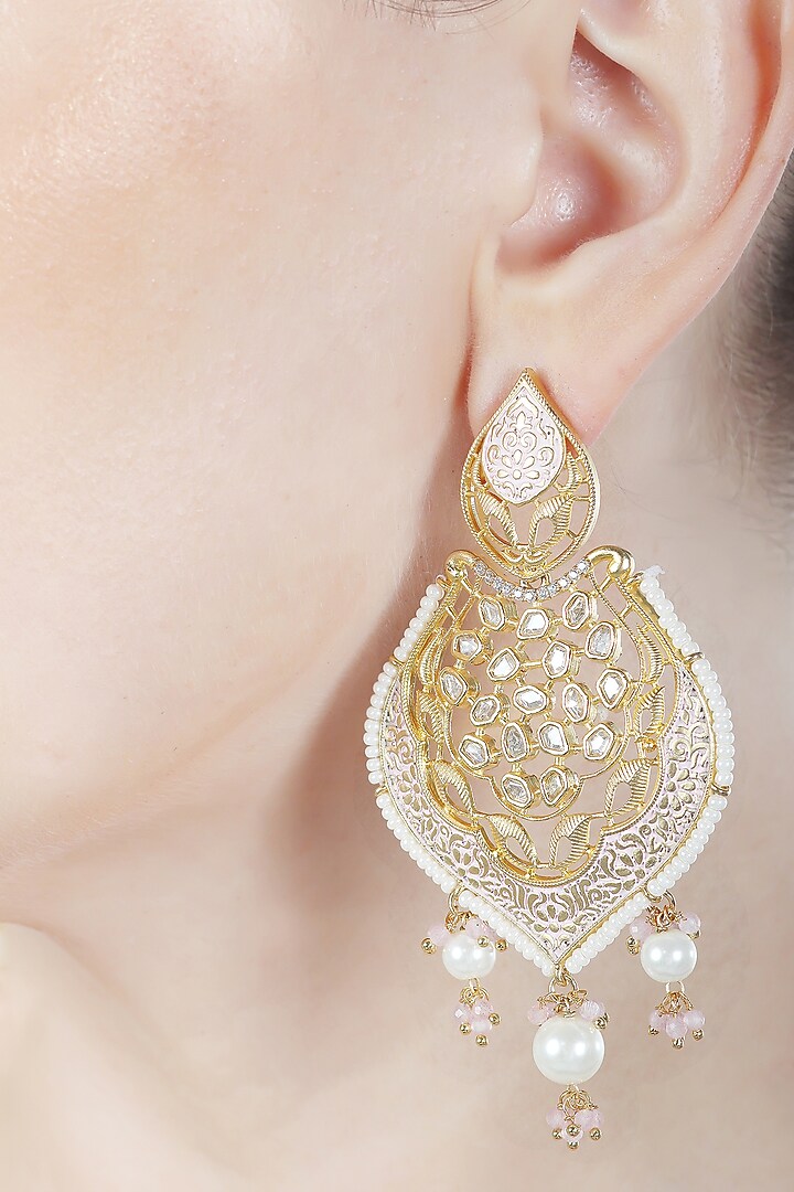 Gold Finish White Kundan Polki & Beaded Meenakari Dangler Earrings by Akulya Jewels at Pernia's Pop Up Shop