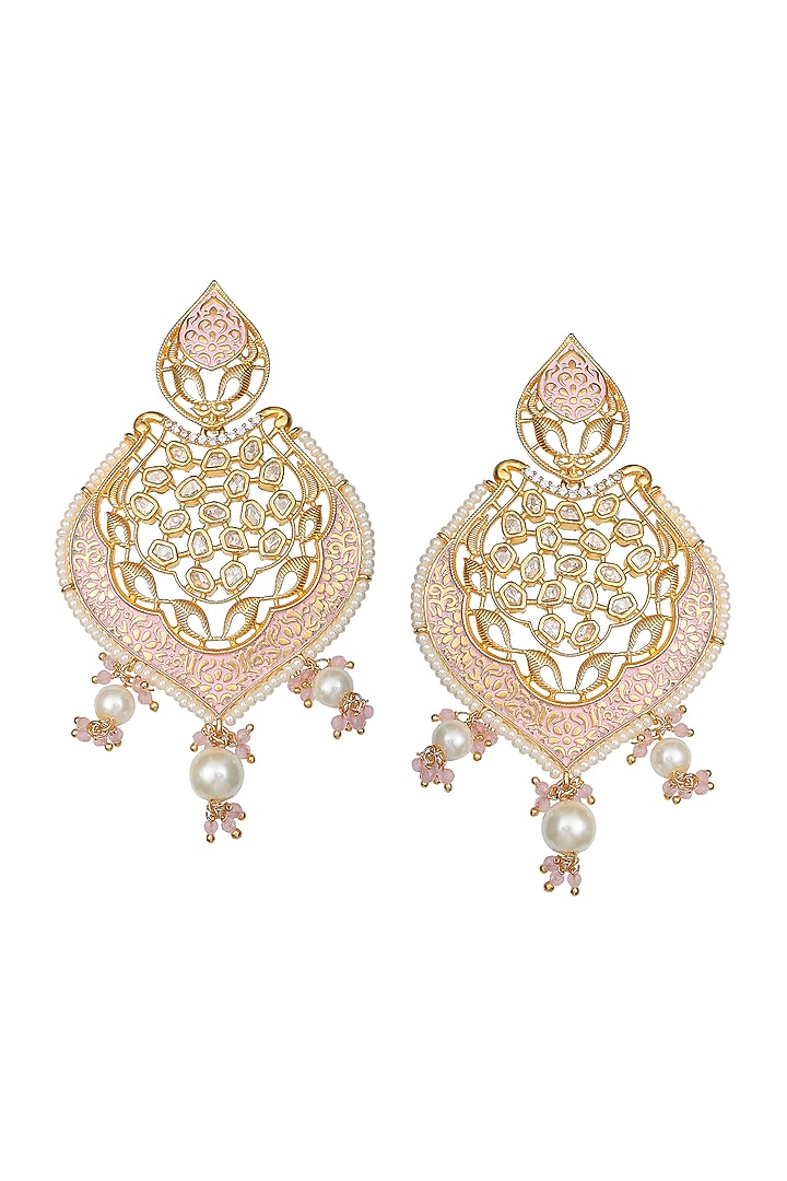 Gold Finish White Kundan Polki & Beaded Meenakari Dangler Earrings by Akulya Jewels at Pernia's Pop Up Shop