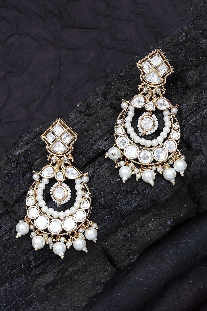 Gold Finish White Kundan Polki & Beaded Chandbali Earrings by Akulya Jewels at Pernia's Pop Up Shop