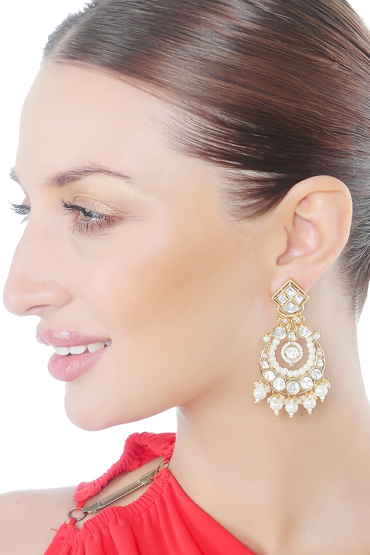 Gold Finish White Kundan Polki & Beaded Chandbali Earrings by Akulya Jewels at Pernia's Pop Up Shop