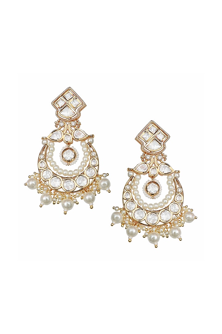Gold Finish White Kundan Polki & Beaded Chandbali Earrings by Akulya Jewels at Pernia's Pop Up Shop