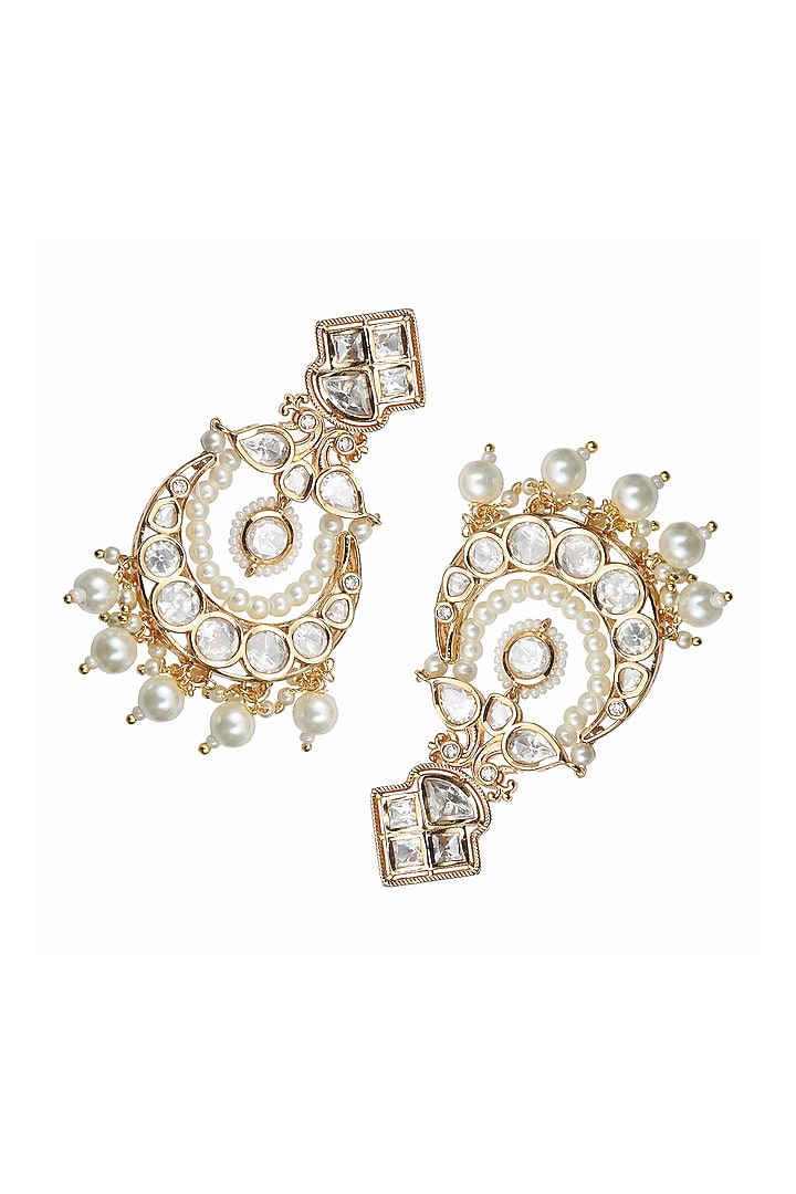 Gold Finish White Kundan Polki & Beaded Chandbali Earrings by Akulya Jewels at Pernia's Pop Up Shop