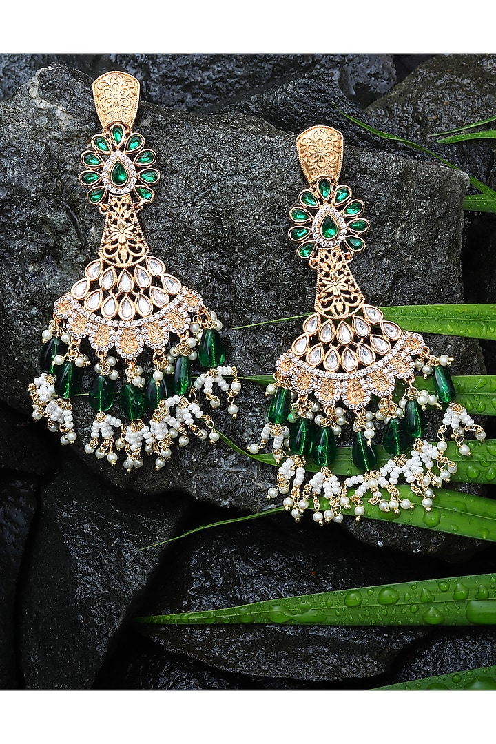 Gold Finish Green Kundan Polki & White Beaded Dangler Earrings by Akulya Jewels at Pernia's Pop Up Shop