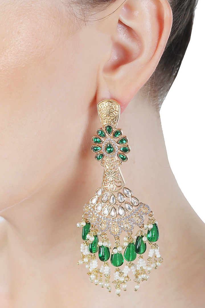 Gold Finish Green Kundan Polki & White Beaded Dangler Earrings by Akulya Jewels at Pernia's Pop Up Shop