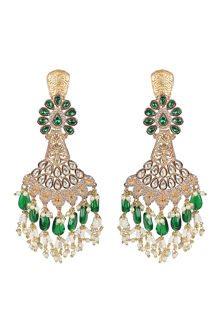 Gold Finish Green Kundan Polki & White Beaded Dangler Earrings by Akulya Jewels at Pernia's Pop Up Shop