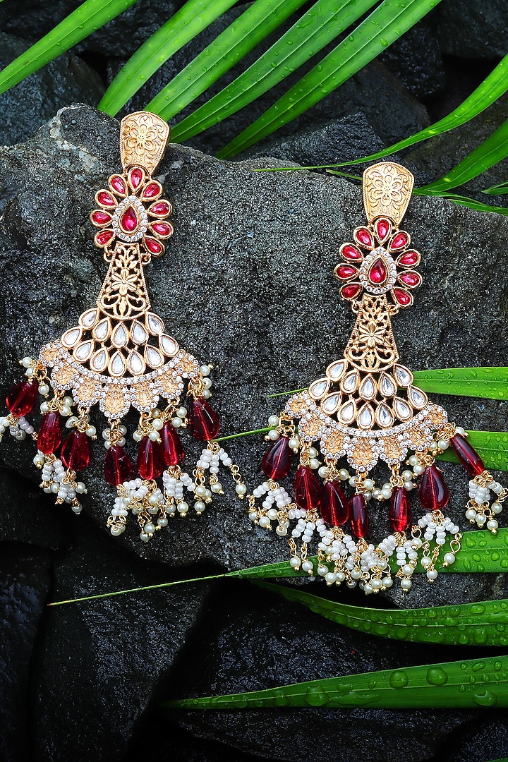 Gold Finish Rani Pink Kundan Polki & White Beaded Dangler Earrings by Akulya Jewels at Pernia's Pop Up Shop