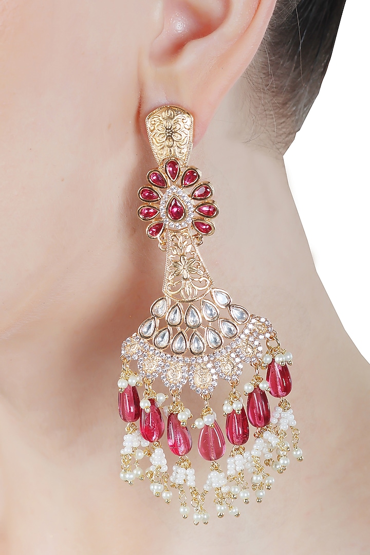 Gold Finish Rani Pink Kundan Polki & White Beaded Dangler Earrings by Akulya Jewels at Pernia's Pop Up Shop