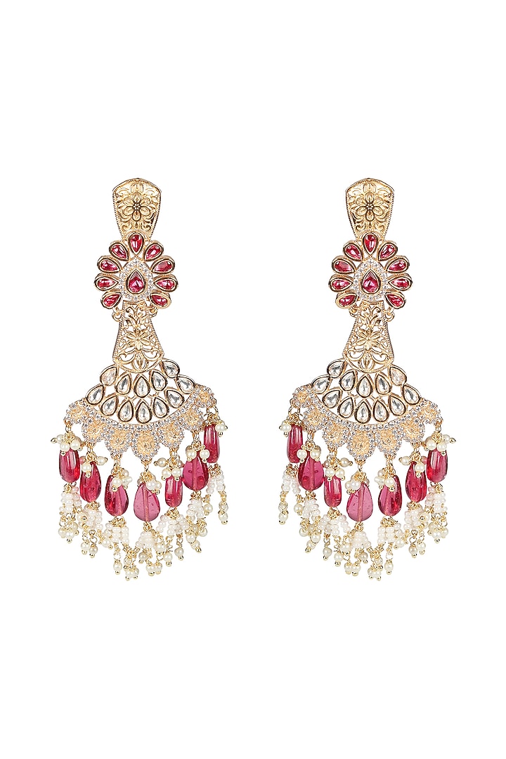 Gold Finish Rani Pink Kundan Polki & White Beaded Dangler Earrings by Akulya Jewels at Pernia's Pop Up Shop