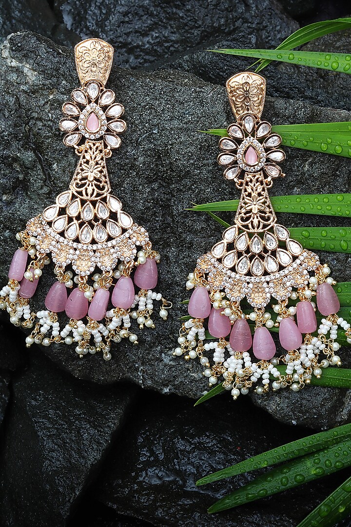 Gold Finish Pink Kundan Polki & White Beaded Dangler Earrings by Akulya Jewels at Pernia's Pop Up Shop