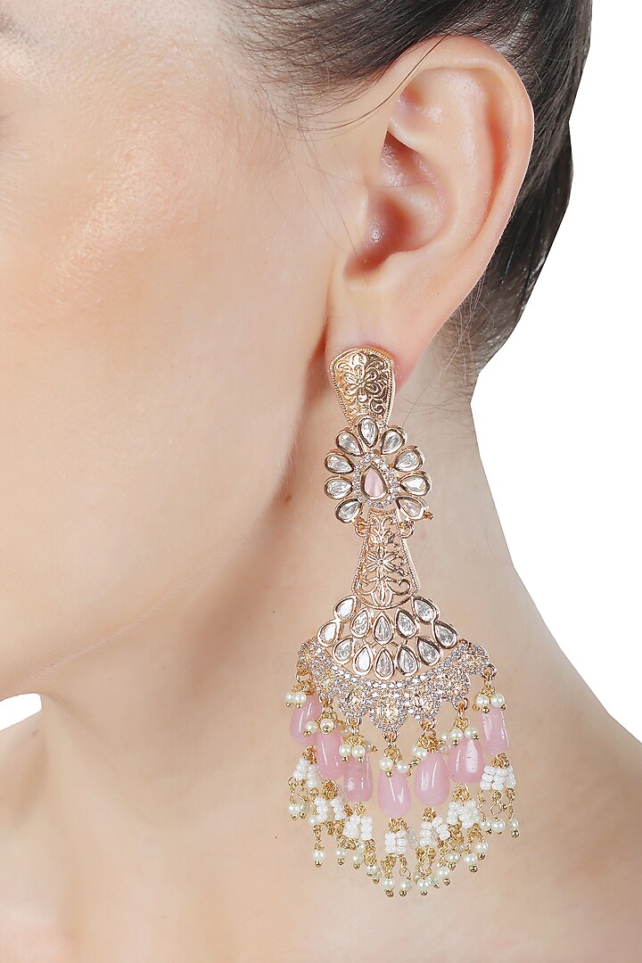 Gold Finish Pink Kundan Polki & White Beaded Dangler Earrings by Akulya Jewels at Pernia's Pop Up Shop