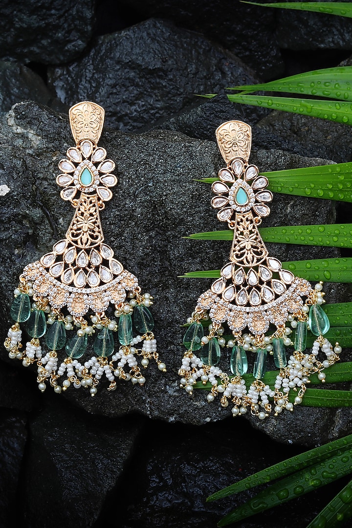 Gold Finish Kundan Polki & Mint Beaded Dangler Earrings by Akulya Jewels at Pernia's Pop Up Shop
