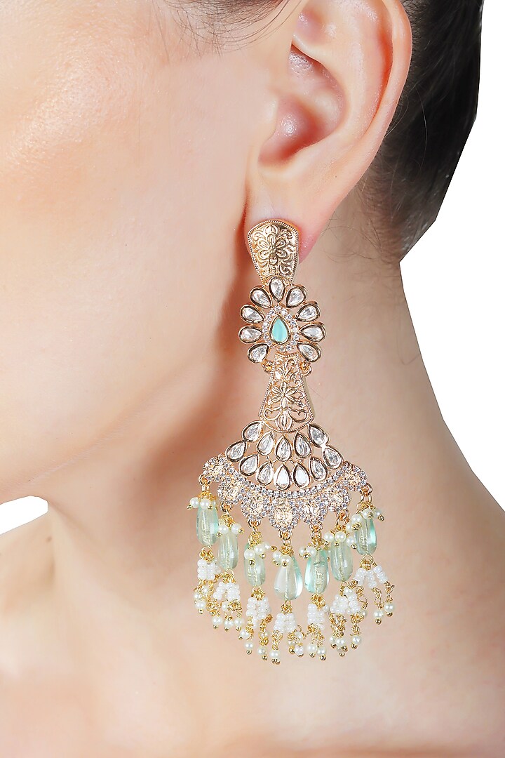 Gold Finish Kundan Polki & Mint Beaded Dangler Earrings by Akulya Jewels at Pernia's Pop Up Shop