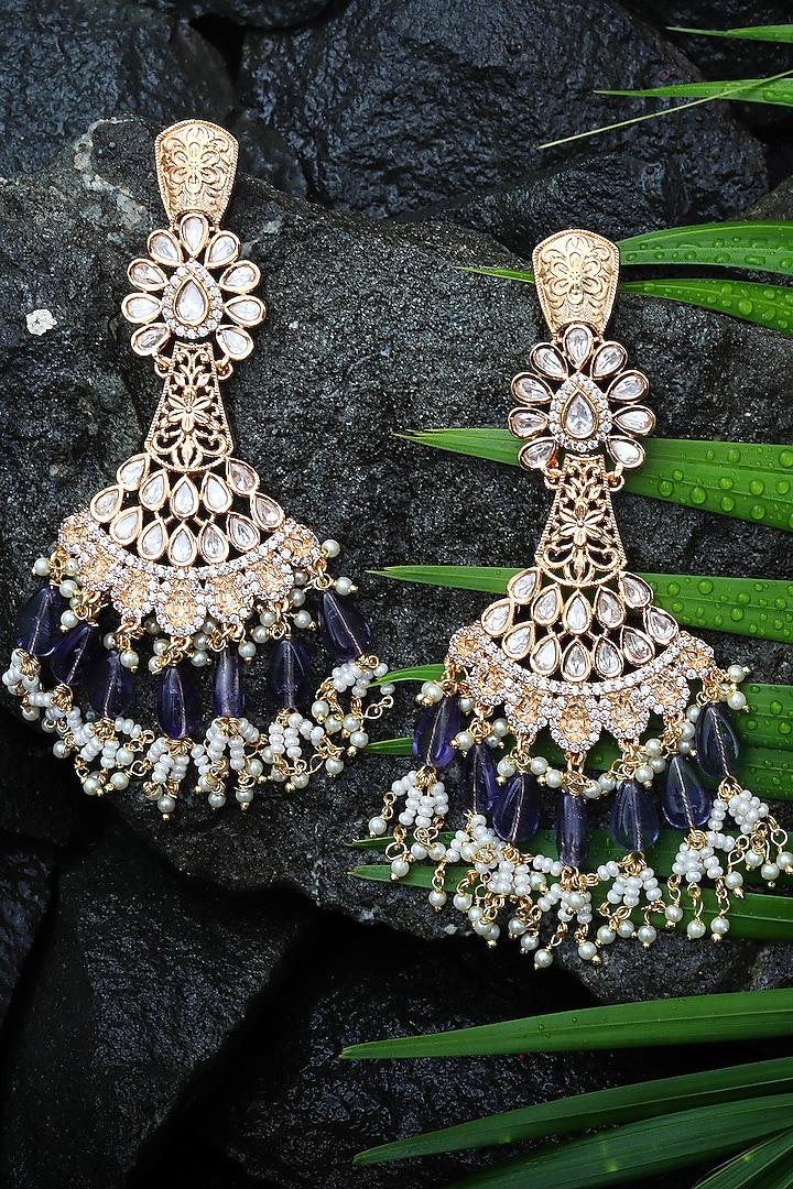 Gold Finish Kundan Polki & Purple Beaded Dangler Earrings by Akulya Jewels at Pernia's Pop Up Shop