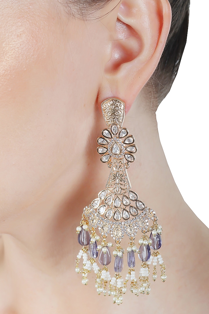 Gold Finish Kundan Polki & Purple Beaded Dangler Earrings by Akulya Jewels at Pernia's Pop Up Shop