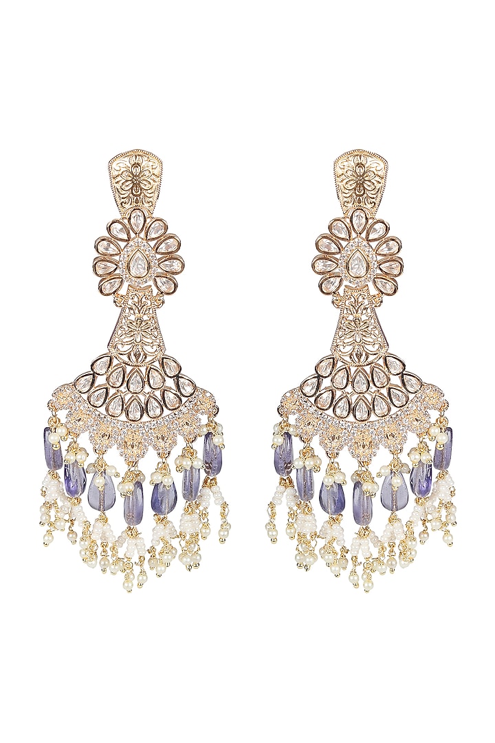 Gold Finish Kundan Polki & Purple Beaded Dangler Earrings by Akulya Jewels at Pernia's Pop Up Shop