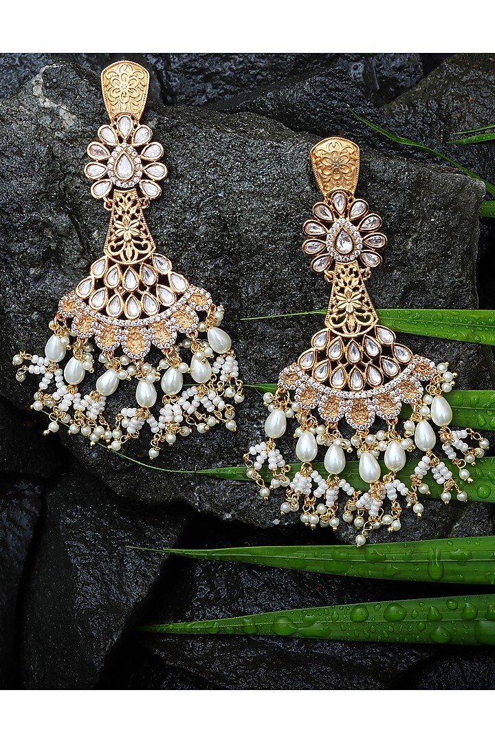 Gold Finish Kundan Polki & White Beaded Dangler Earrings by Akulya Jewels at Pernia's Pop Up Shop