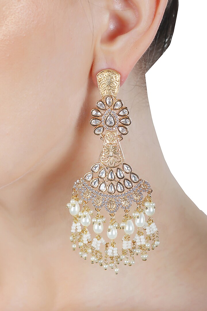 Gold Finish Kundan Polki & White Beaded Dangler Earrings by Akulya Jewels at Pernia's Pop Up Shop