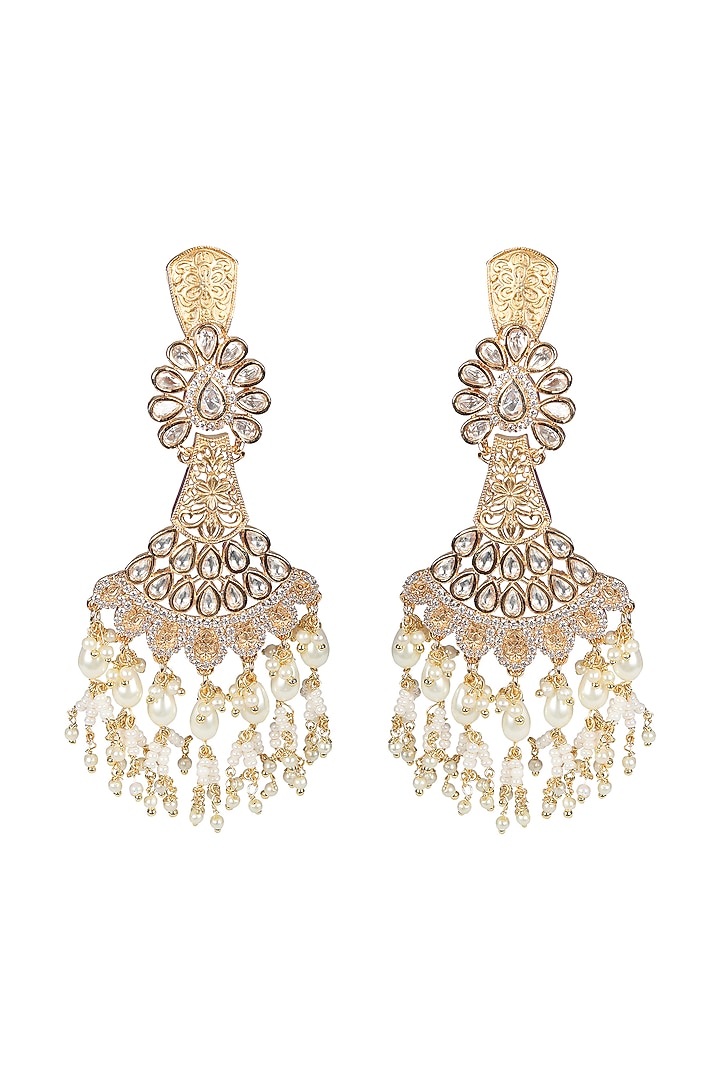 Gold Finish Kundan Polki & White Beaded Dangler Earrings by Akulya Jewels at Pernia's Pop Up Shop