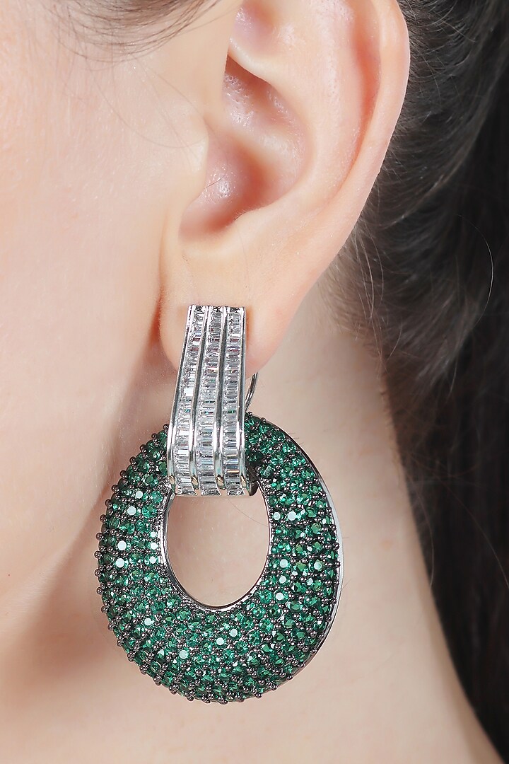 White Finish Emerald & Cubic Zirconia Dangler Earrings by Akulya Jewels at Pernia's Pop Up Shop