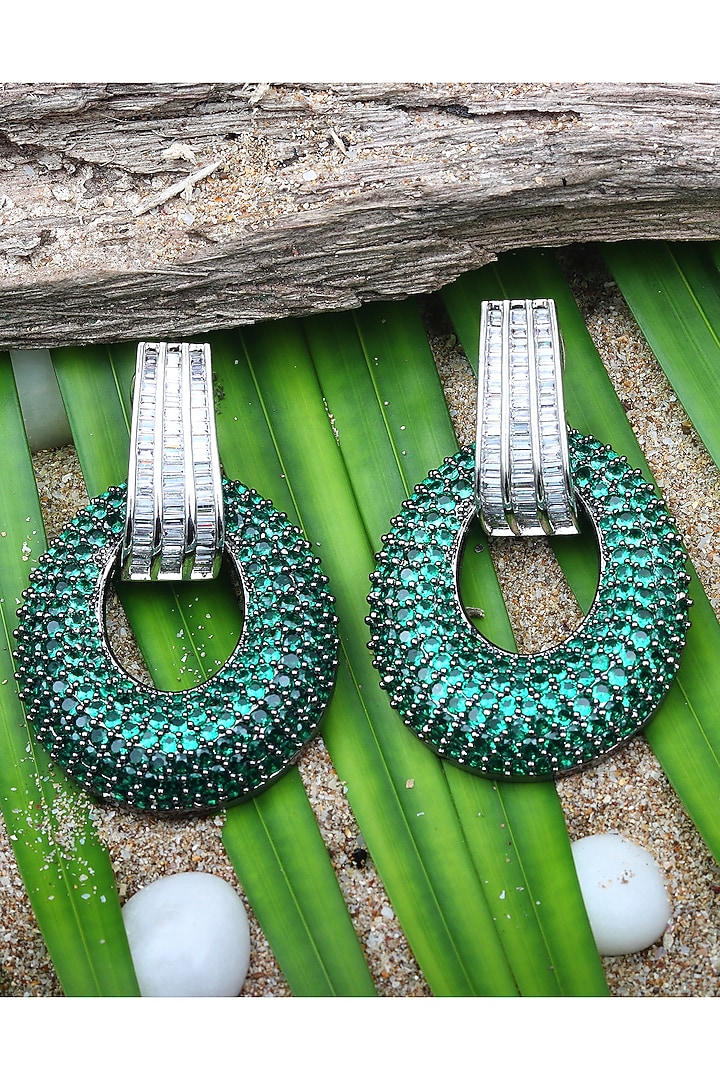 White Finish Emerald & Cubic Zirconia Dangler Earrings by Akulya Jewels at Pernia's Pop Up Shop