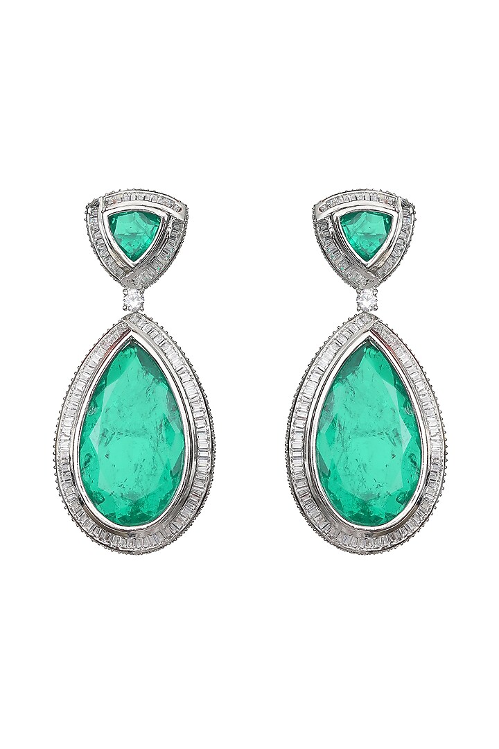 White Finish Emerald Doublet & Cubic Zirconia Dangler Earrings by Akulya Jewels at Pernia's Pop Up Shop