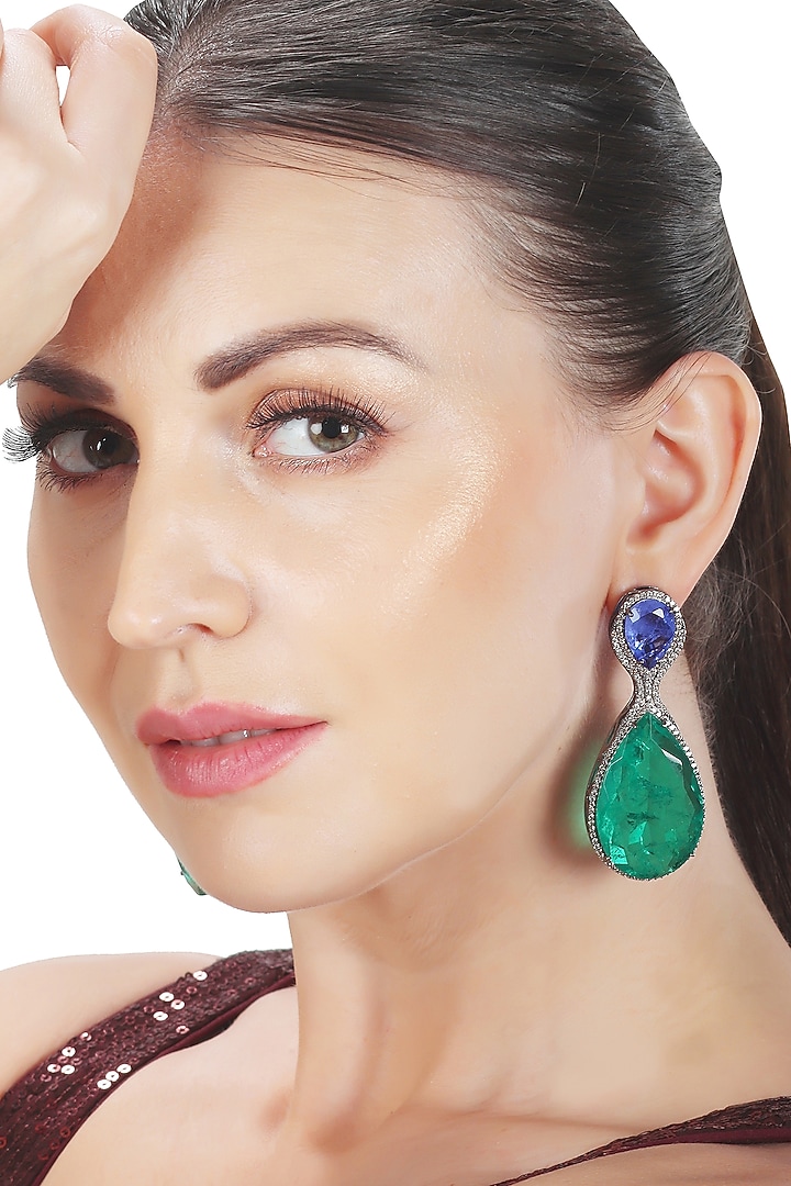 White Finish Sapphire & Emerald Doublet Dangler Earrings by Akulya Jewels at Pernia's Pop Up Shop