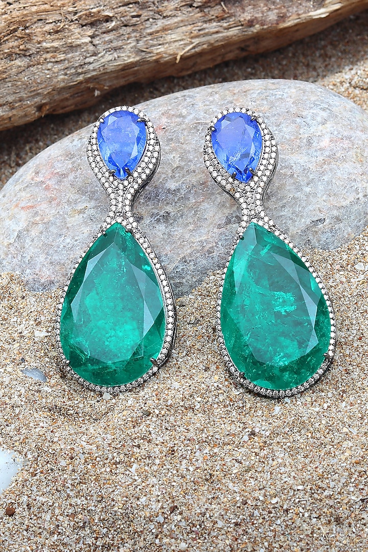 White Finish Sapphire & Emerald Doublet Dangler Earrings by Akulya Jewels at Pernia's Pop Up Shop
