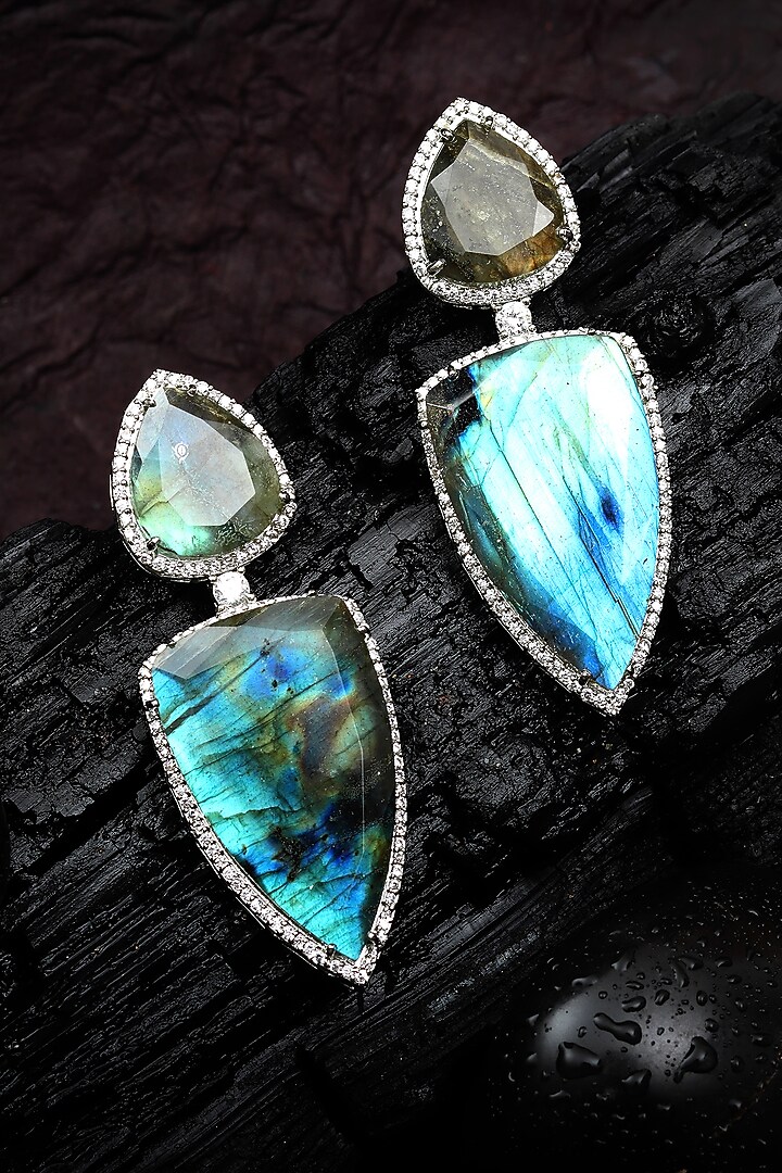 White Finish Aqua Mother Of Pearl & Cubic Zirconia Dangler Earrings by Akulya Jewels at Pernia's Pop Up Shop