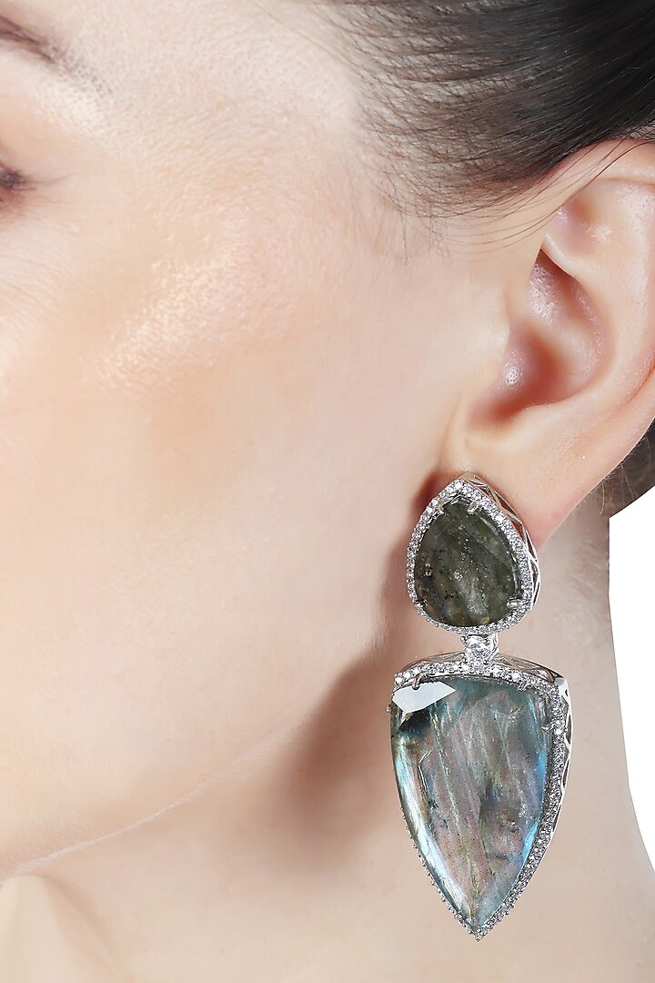 White Finish Aqua Mother Of Pearl & Cubic Zirconia Dangler Earrings by Akulya Jewels at Pernia's Pop Up Shop