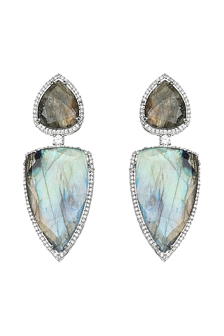 White Finish Aqua Mother Of Pearl & Cubic Zirconia Dangler Earrings by Akulya Jewels