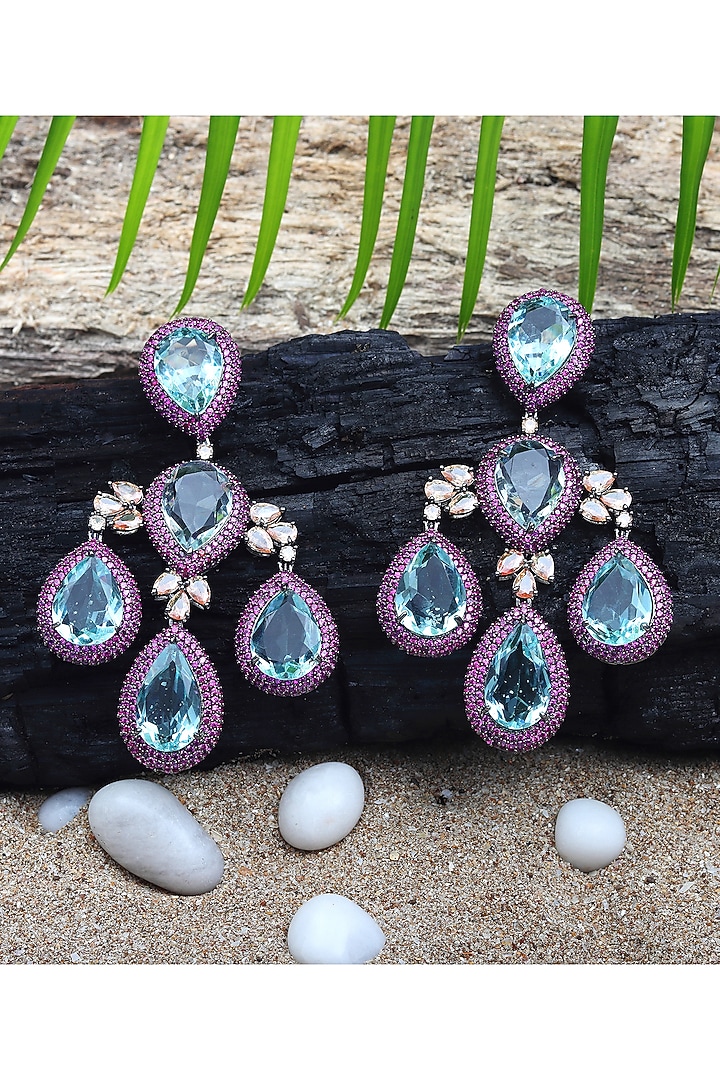 White Finish Aquamarine Doublet & Pink Cubic Zirconia Chandelier Dangler Earrings by Akulya Jewels at Pernia's Pop Up Shop